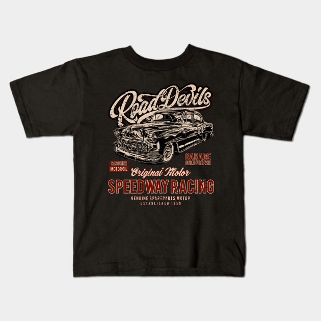 Road Devils Speedway Racing Hot Rod Kids T-Shirt by RockabillyM